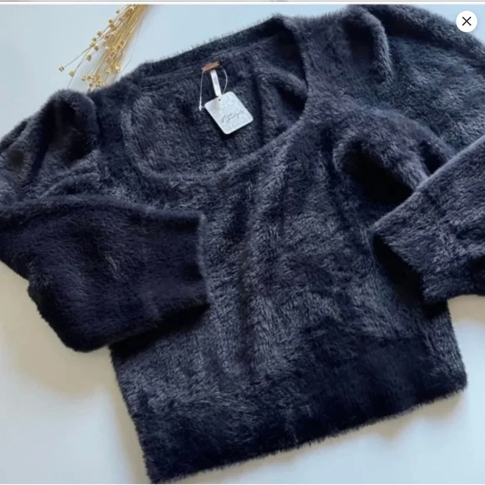 Free People Moonbeam Black Cropped Pullover Sweater‎ NWT